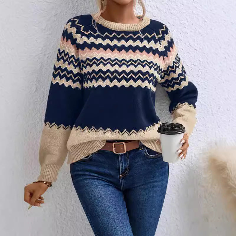 Damen Pullover mit Wellenmuster und klassischem Rundhalsausschnitt WW