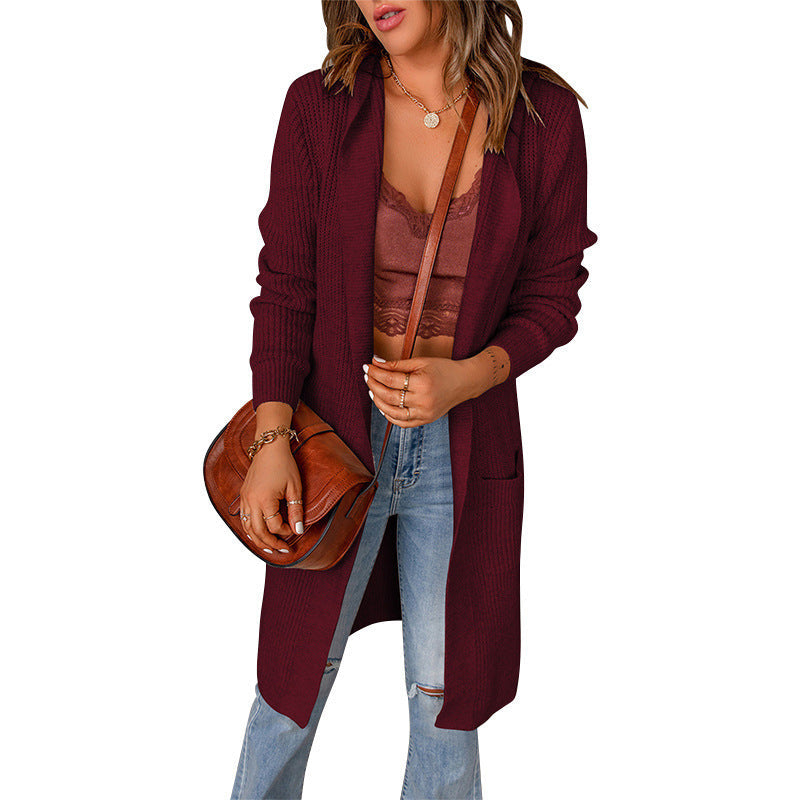 Damen lange Strickjacke mit offenen Kanten und Taschen WW