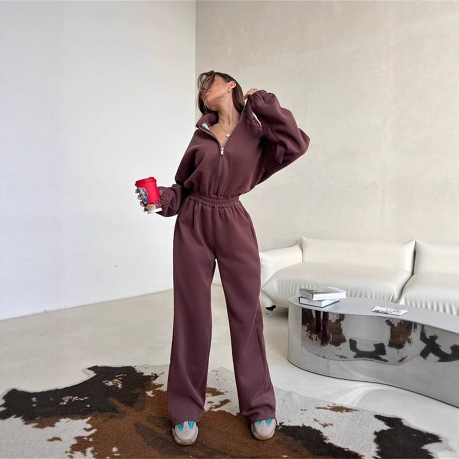 Damen sportlicher Fleece-Loungewear-Anzug mit hohem Kragen und elastischem Bund WW