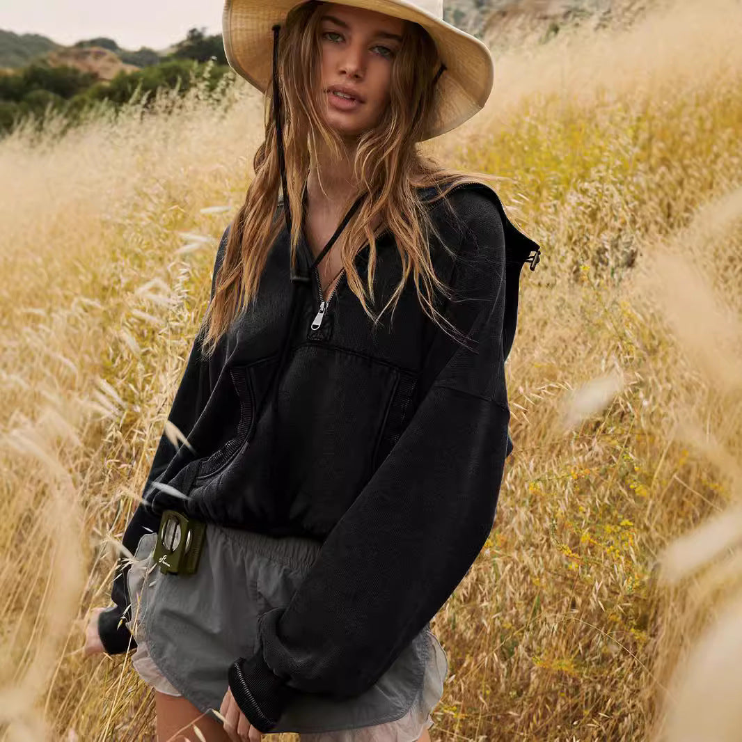Damen Oversized Sweatshirt mit hohem Kragen und Reißverschluss WW