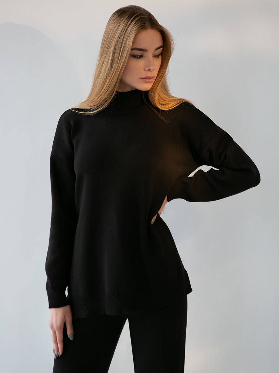 Damen weicher Strickanzug mit hohem Kragen und geradem Schnitt WW