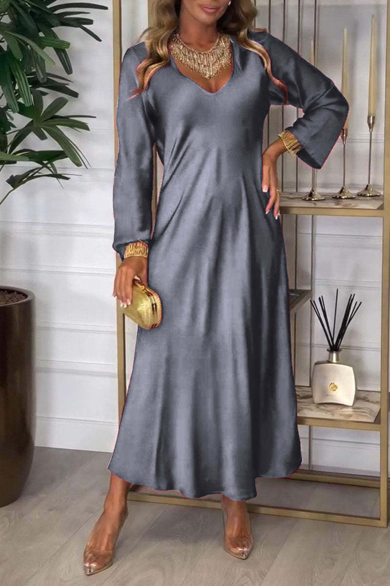 Damen elegantes Maxikleid mit tiefem V-Ausschnitt und fließendem Schnitt WW