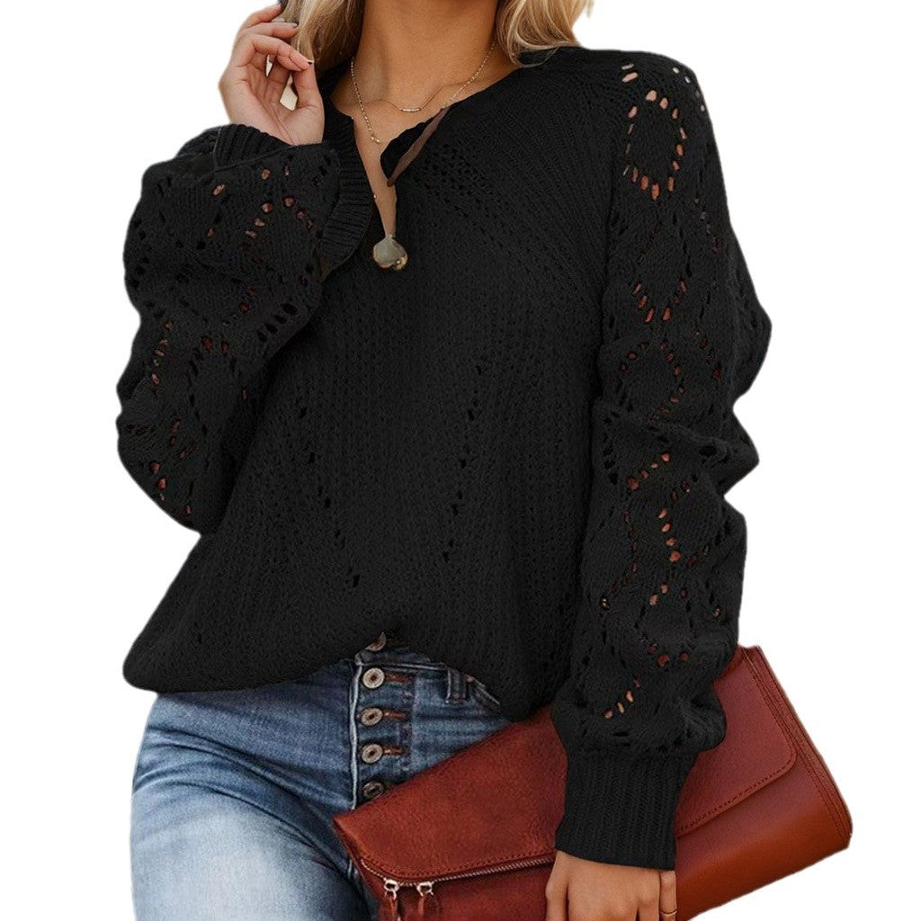 Damen Strickpullover mit romantischem Lochmuster und weiten Ärmeln WW