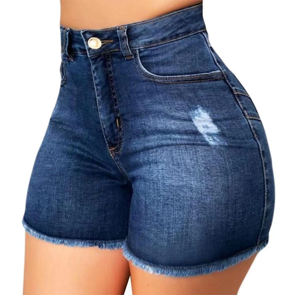 Damen Jeans-Shorts mit hohem Bund und ausgefranstem Saum WW