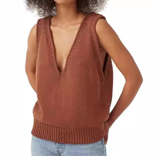 Damen Stricktop mit tiefem V-Ausschnitt und strukturiertem Abschluss WW