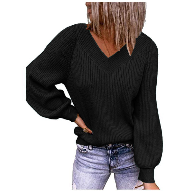 Damen Strickpullover mit V-Ausschnitt und voluminösen Ärmeln WW