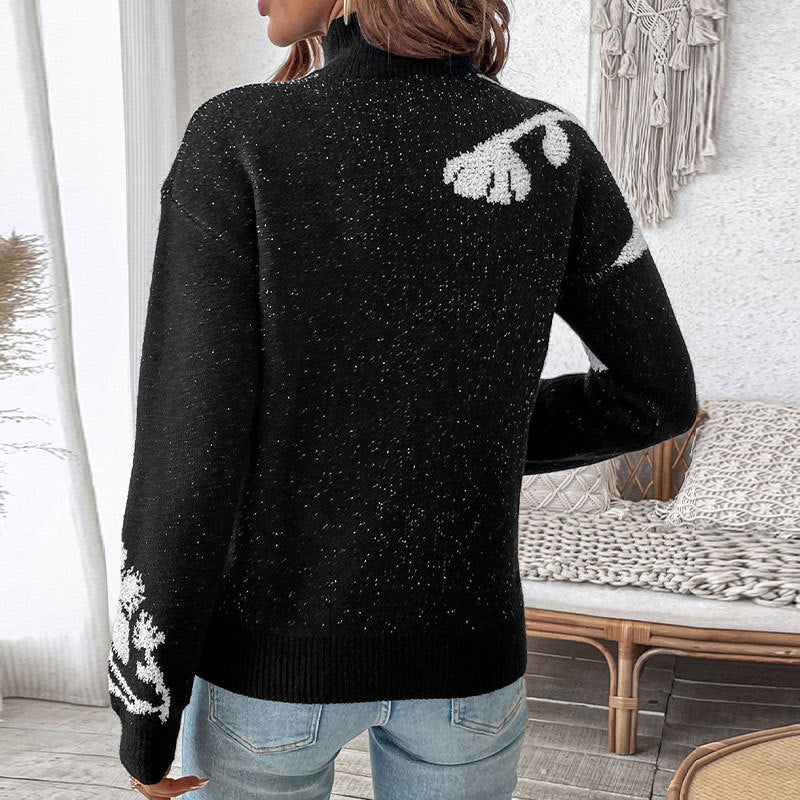 Damen Strickpullover mit floralem Muster und hohem Kragen WW