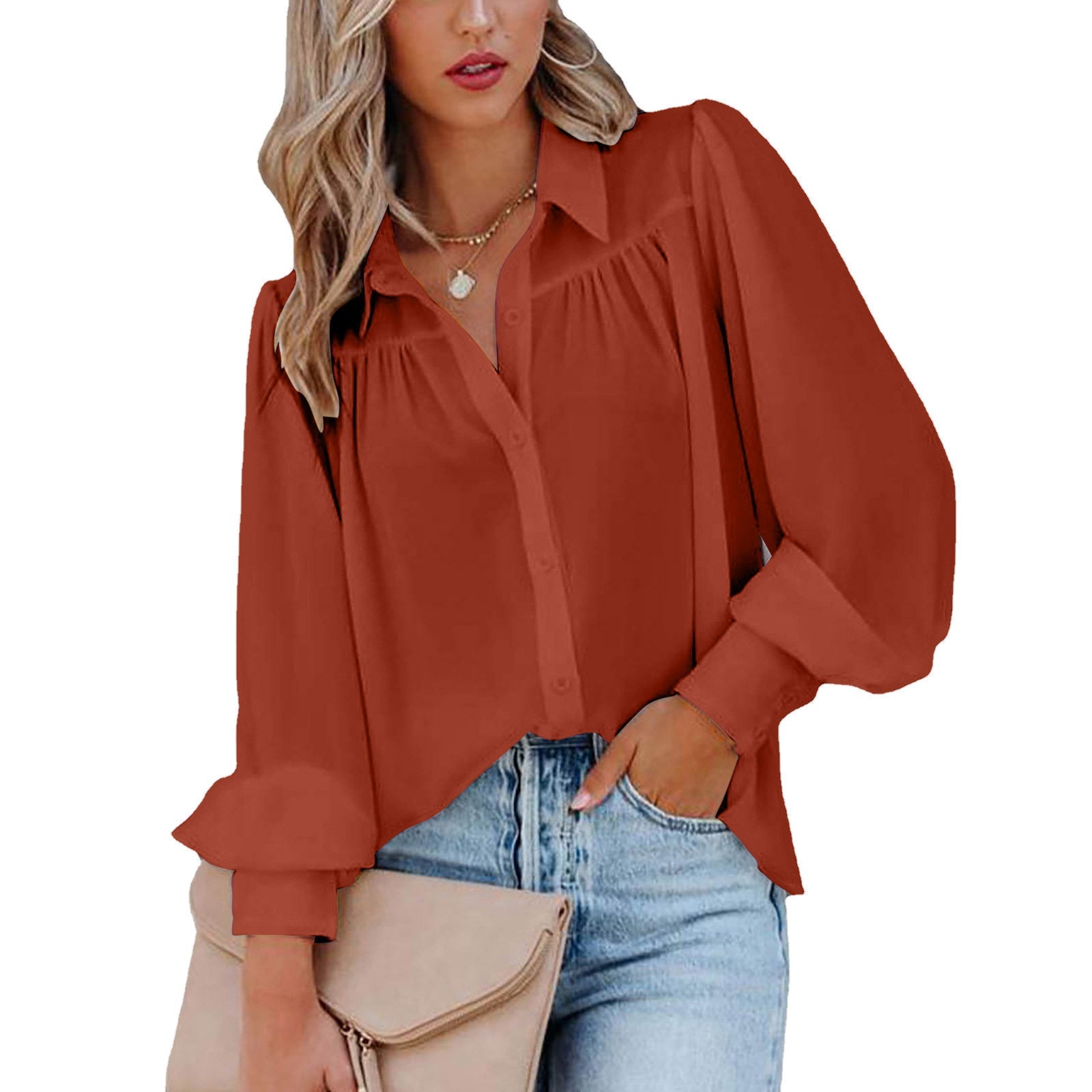 Damen Elegante Bluse mit Puffärmeln und Knopfdetails WW
