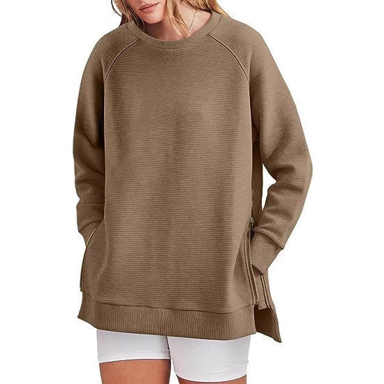 Damen lässiger Sweatshirt mit Seitentaschen und Reißverschluss WW