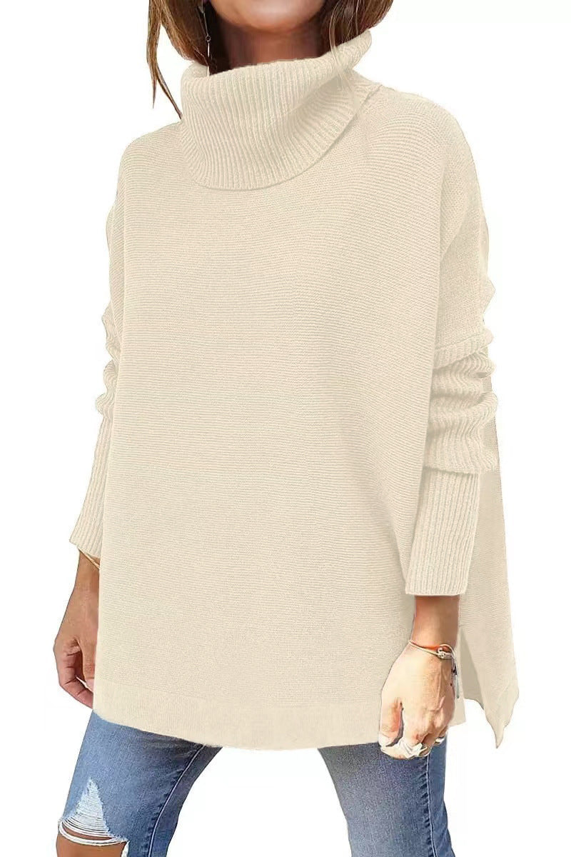 Damen Strickpullover mit hohem Kragen und seitlichen Schlitzen WW