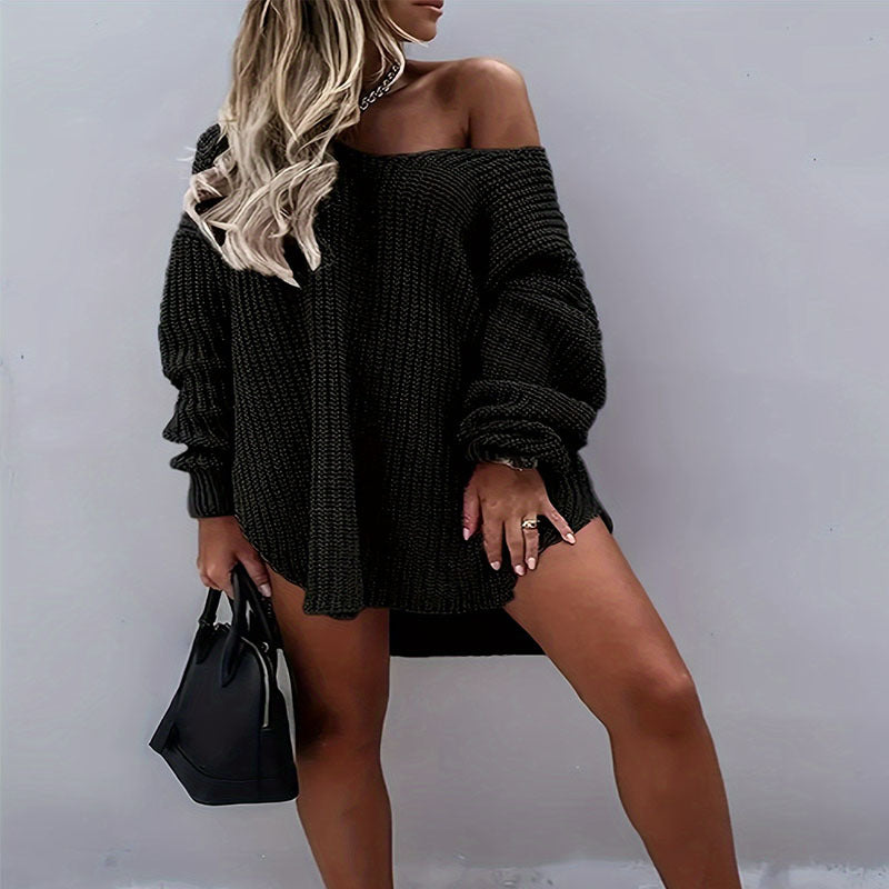 Damen lässiges Oversized-Strickkleid mit weitem Ausschnitt WW