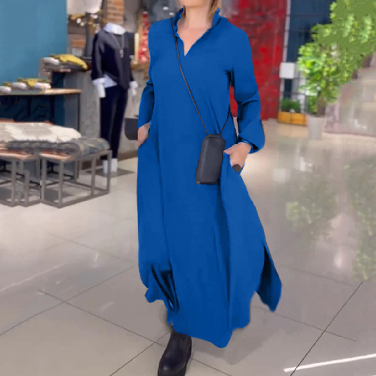 Damen elegantes Maxikleid mit praktischen Taschen und modernem Stehkragen WW