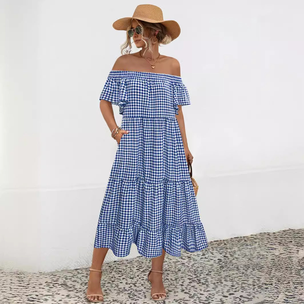 Damen Maxikleid mit schulterfreiem Design und voluminösen Rüschensäumen WW