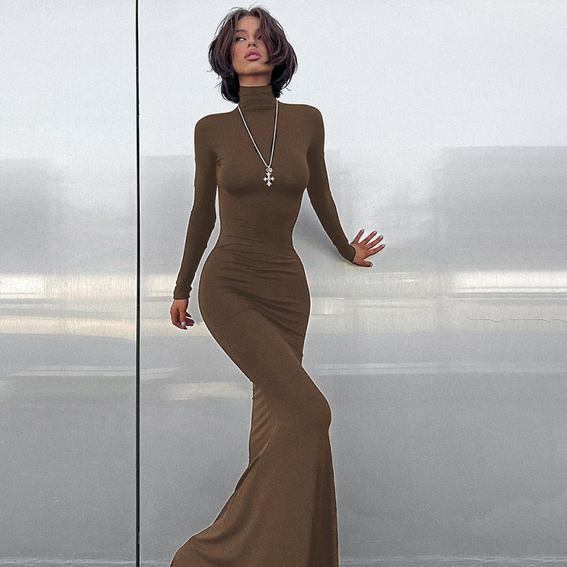 Damen elegantes Maxikleid mit figurbetonter Silhouette und hohem Kragen WW