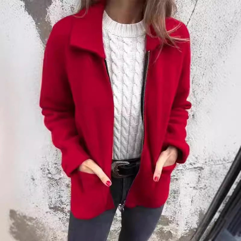 Damen modische Fleecejacke mit praktischen Taschen und elegantem Kragen WW
