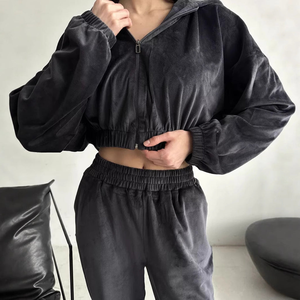Damen sportliches Fleece Ensemble mit modernem Reißverschluss und elastischem Bund WW