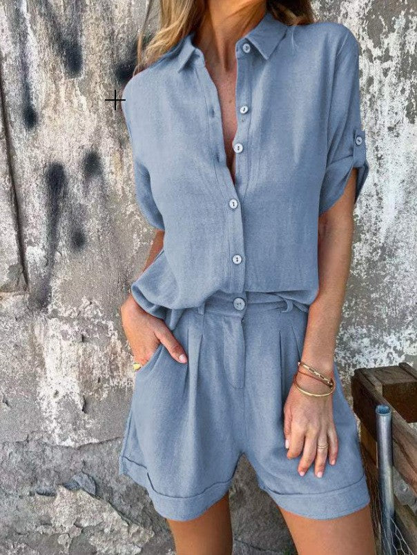 Damen Elegantes Kurzarm-Jumpsuit aus atmungsaktivem Stoff mit praktischen Taschen WW