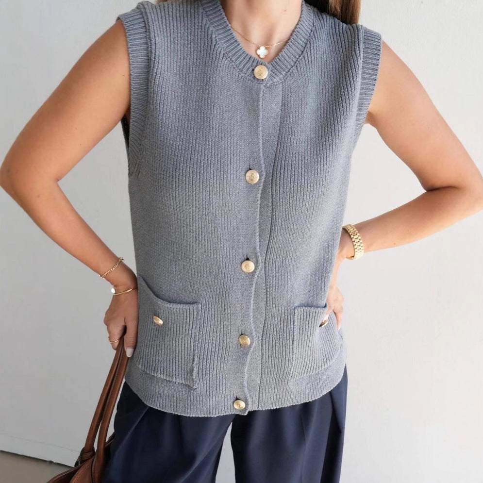 Damen Strickweste mit Knopfleiste und praktischen Taschen WW