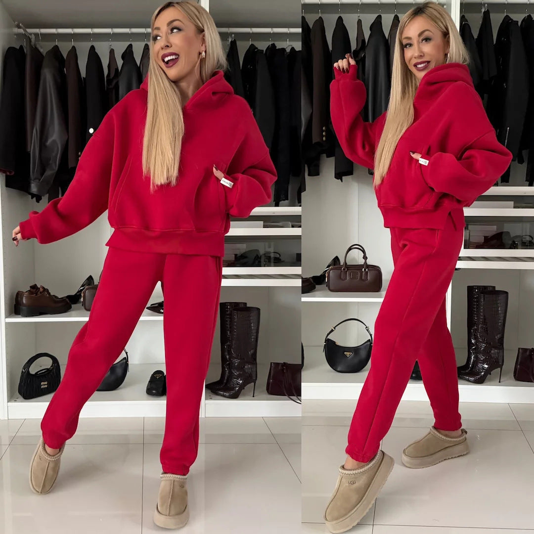 Damen lässiges Fleece-Set mit cropped Hoodie und bequemer Hose WW