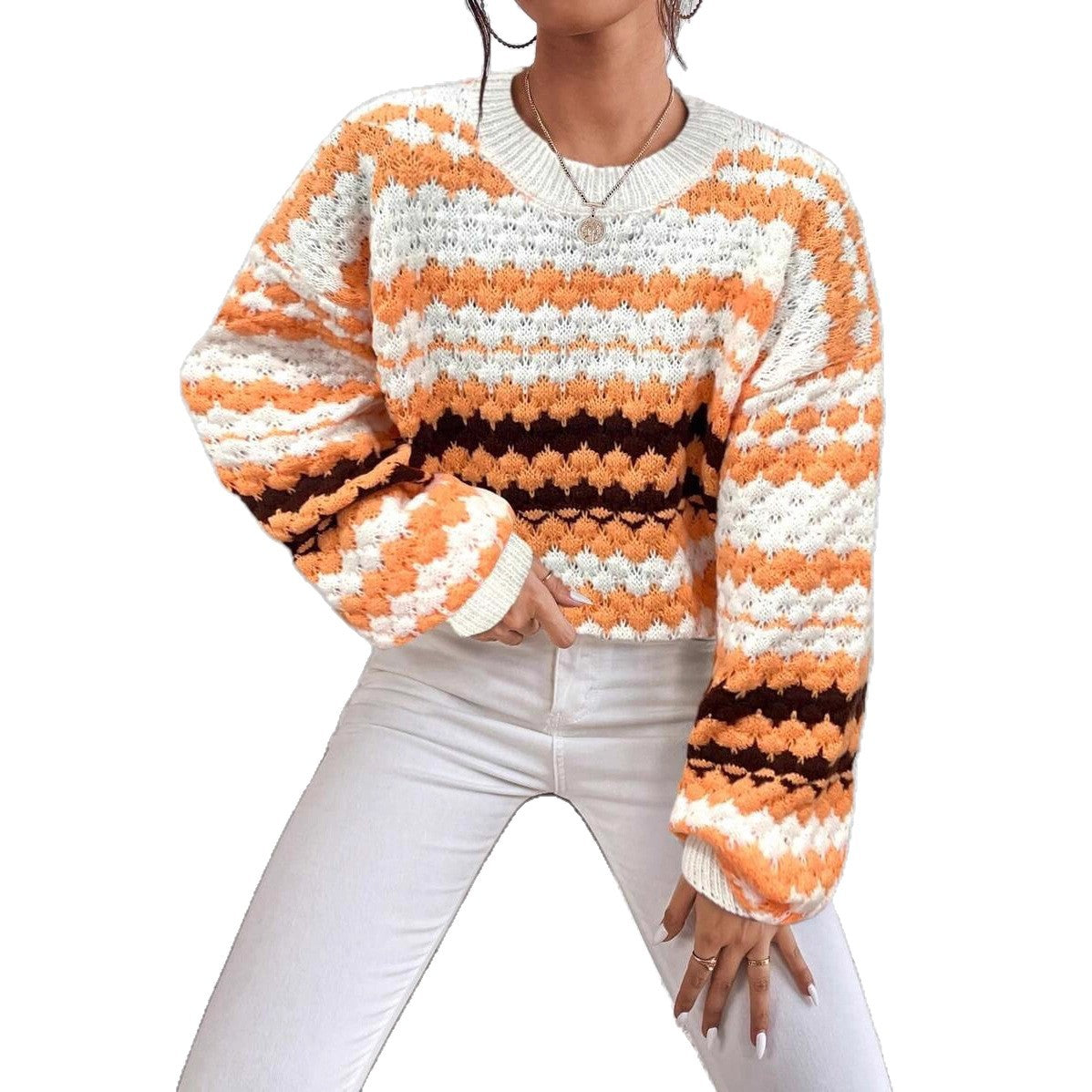 Damen Strickpullover mit kreativem Lochmuster und modischen Farbakzenten WW