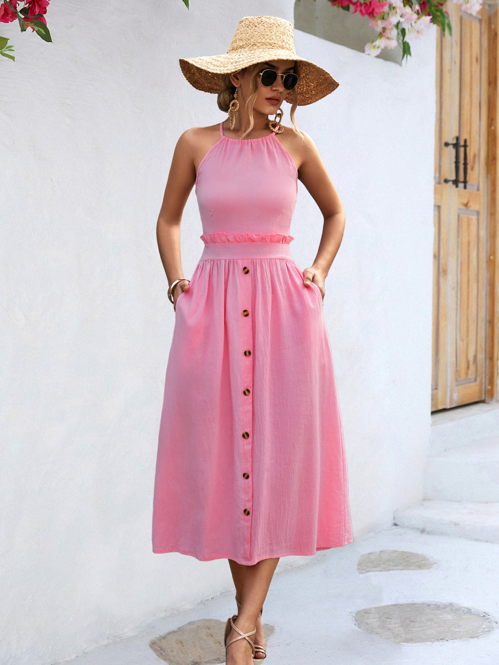 Damen Midi-Kleid mit hochgeschlossenem Design und knöpfbarem Saum WW