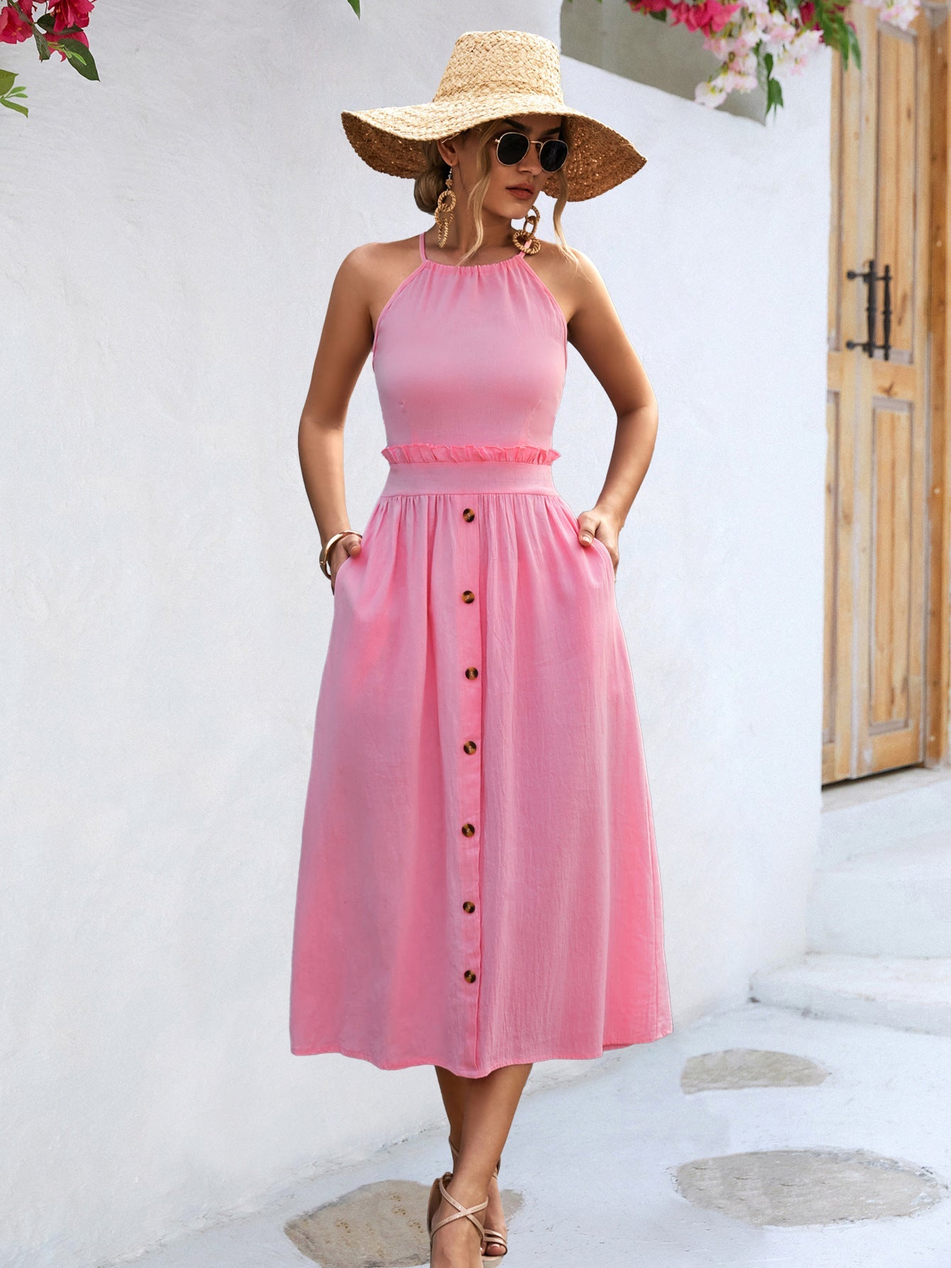 Damen Midi-Kleid mit hochgeschlossenem Design und knöpfbarem Saum WW