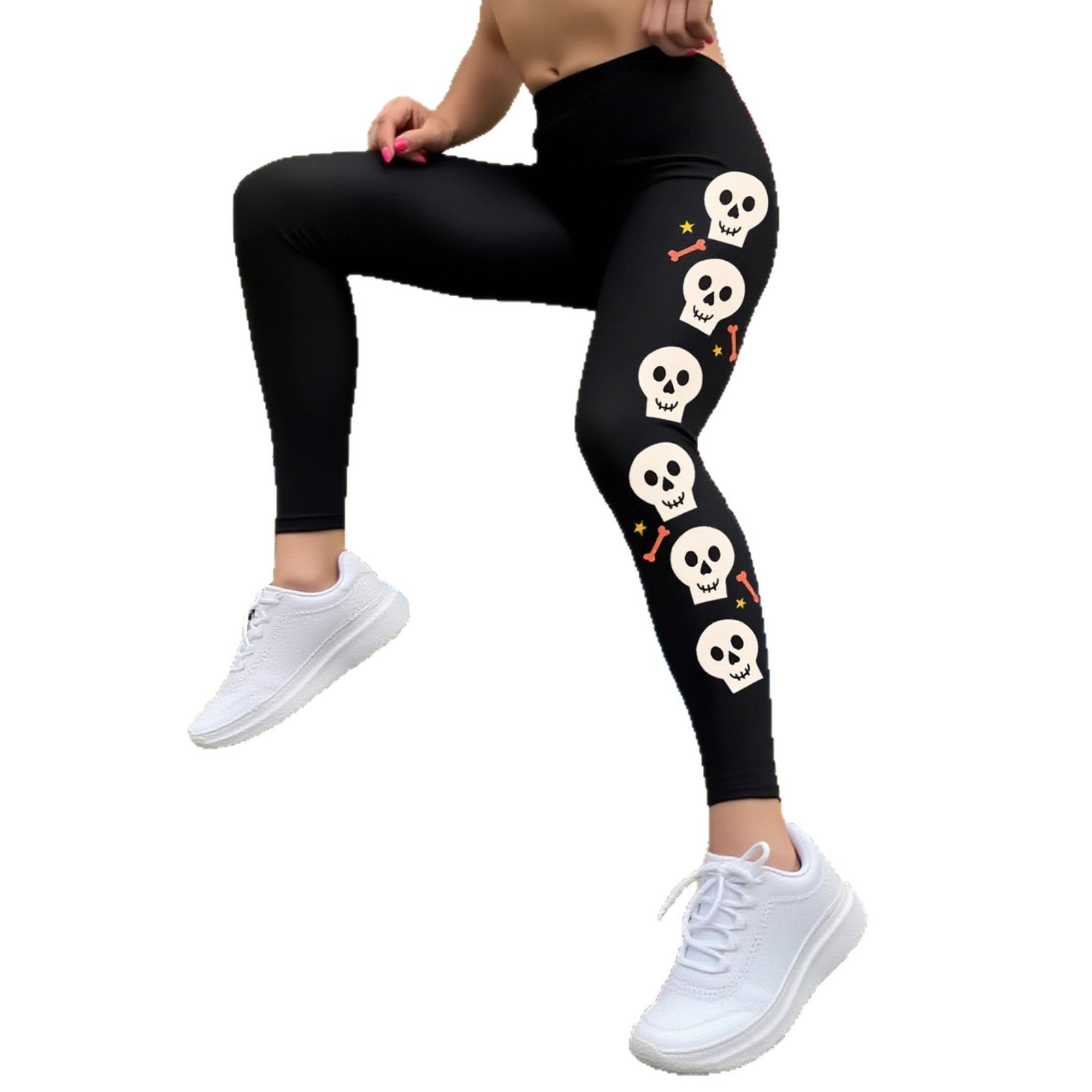 Damen Leggings mit stylischem Totenkopf-Motiv und hohem Bund WW