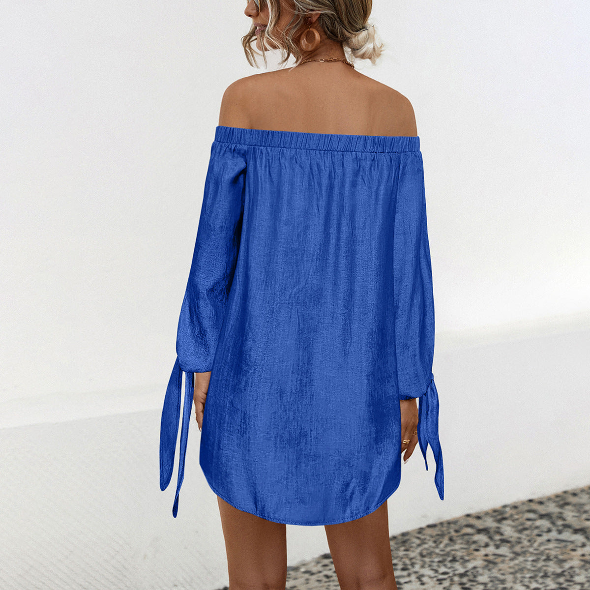 Damen Off-Shoulder Kleid mit Knopfleiste und lässigen Ärmelbindungen WW