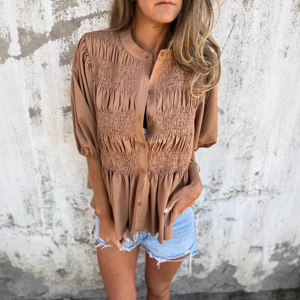 Damen elegante Bluse mit Raffung und durchgehender Knopfleiste WW