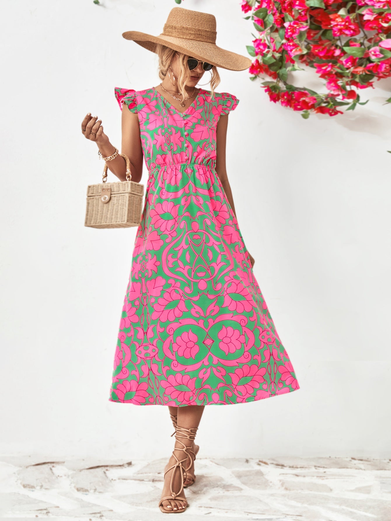 Damen Maxikleid mit verspieltem Blumenmuster und Rüschendetails WW