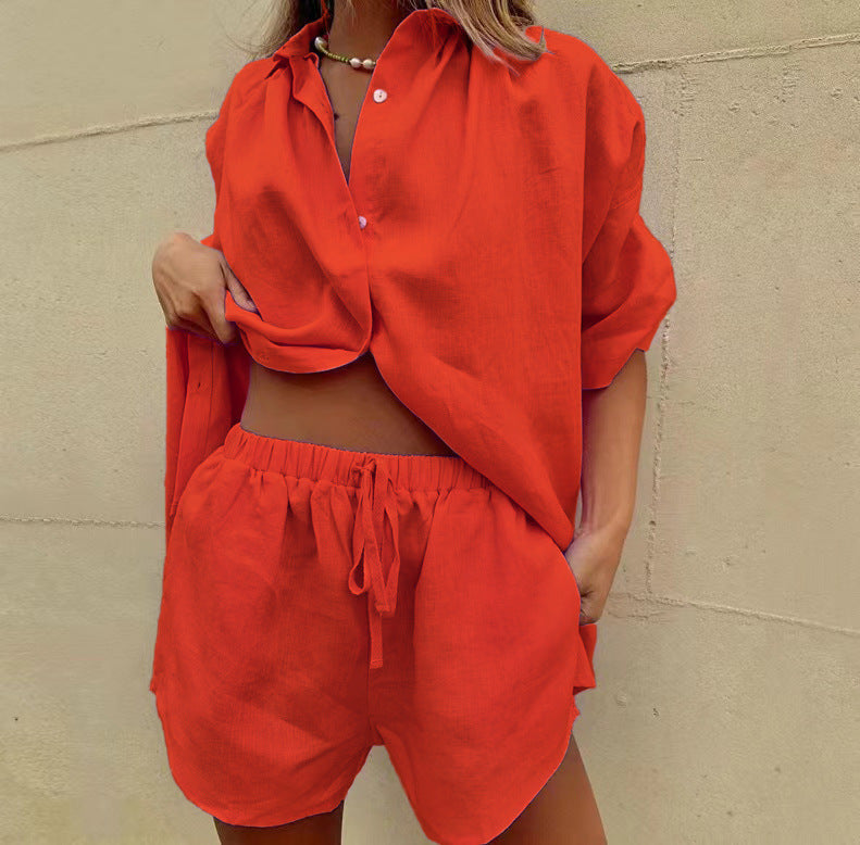 Damen lässige Leinenbluse mit kurzer Knopfleiste und lockeren Shorts WW
