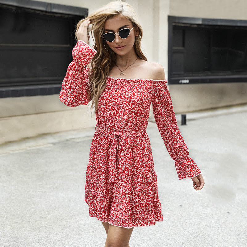 Damen Off-Shoulder Kleid mit floralen Details und Bindegürtel WW
