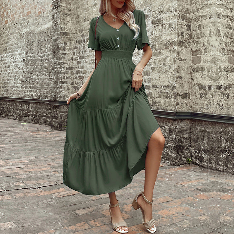 Damen Maxikleid mit V-Ausschnitt und fließendem Rock WW