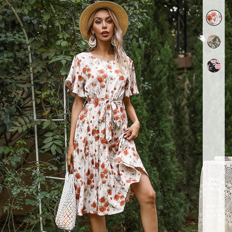 Damen Fließendes Maxikleid mit floralem Design und taillierbarem Gürtel WW