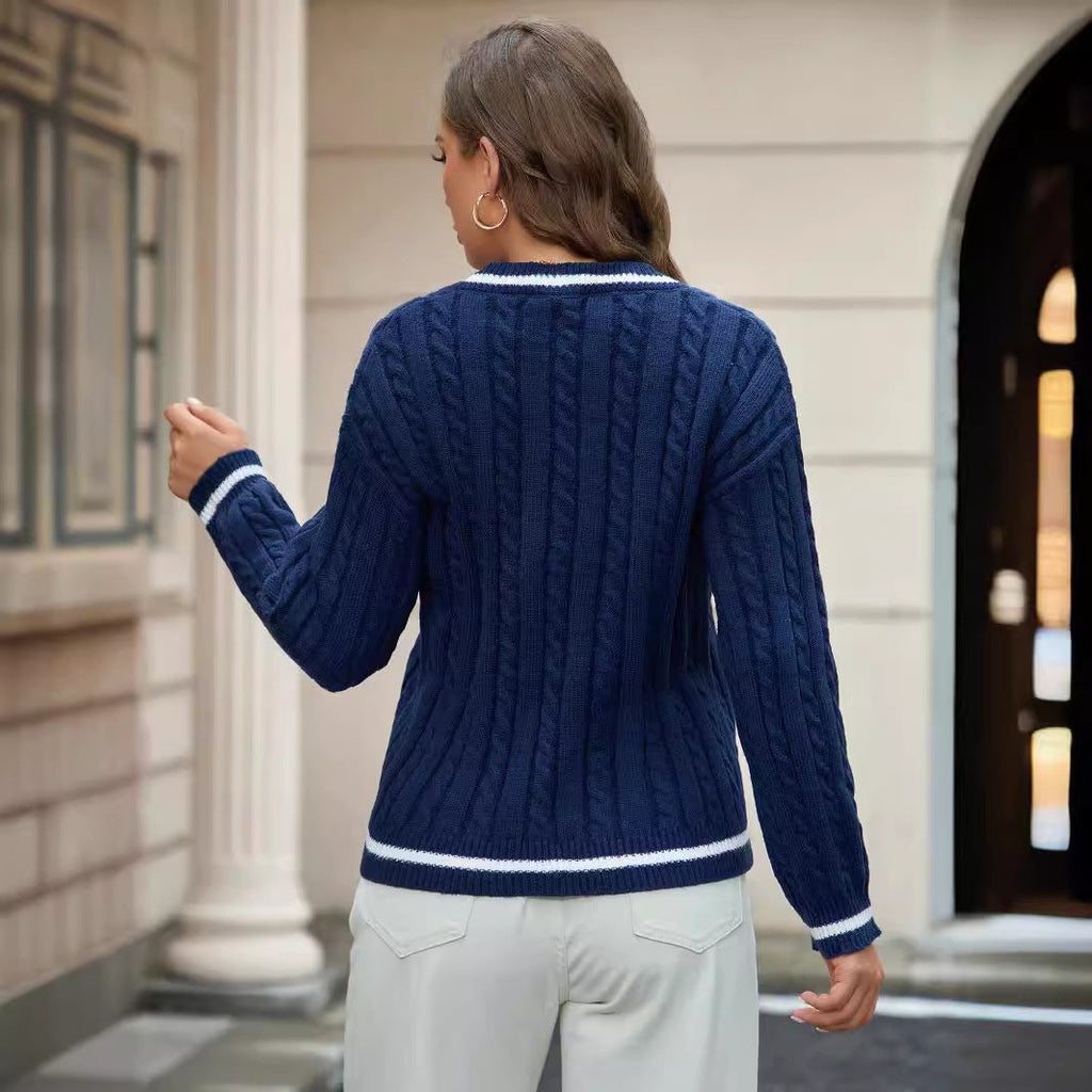 Damen Strickpullover mit V-Ausschnitt und klassischem Zopfdesign WW