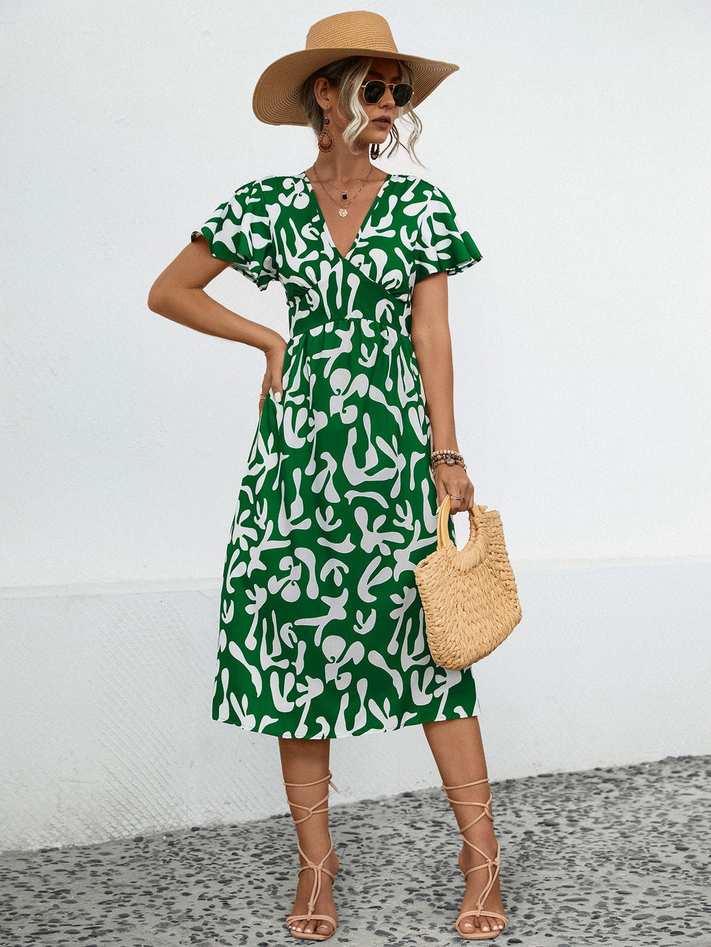 Damen Midi-Kleid mit V-Ausschnitt und fließenden Rüschendetails WW