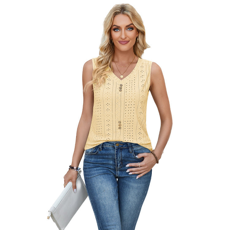 Damen ärmelloses Blusenshirt mit Knopfdetails und romantischem Lochmuster WW