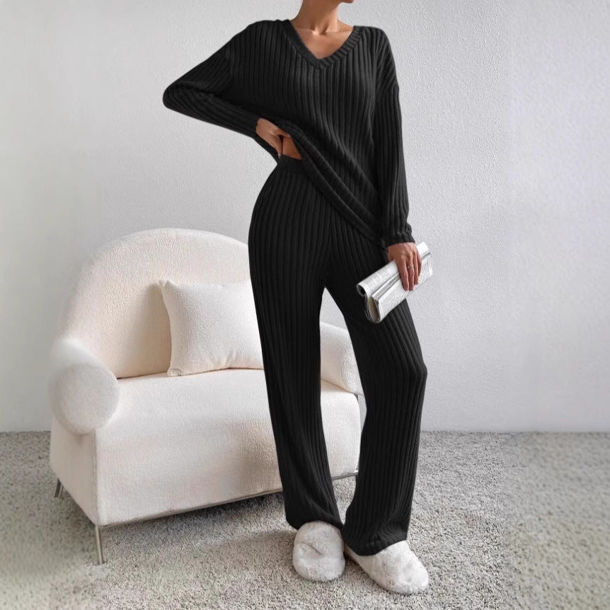 Damen lässiger Strickanzug mit V-Ausschnitt und praktischen Taschen WW