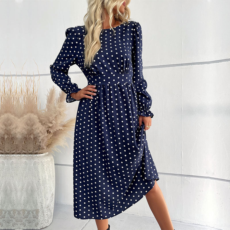 Damen Midi-Kleid mit eleganten Puffärmeln und punktiertem Design WW