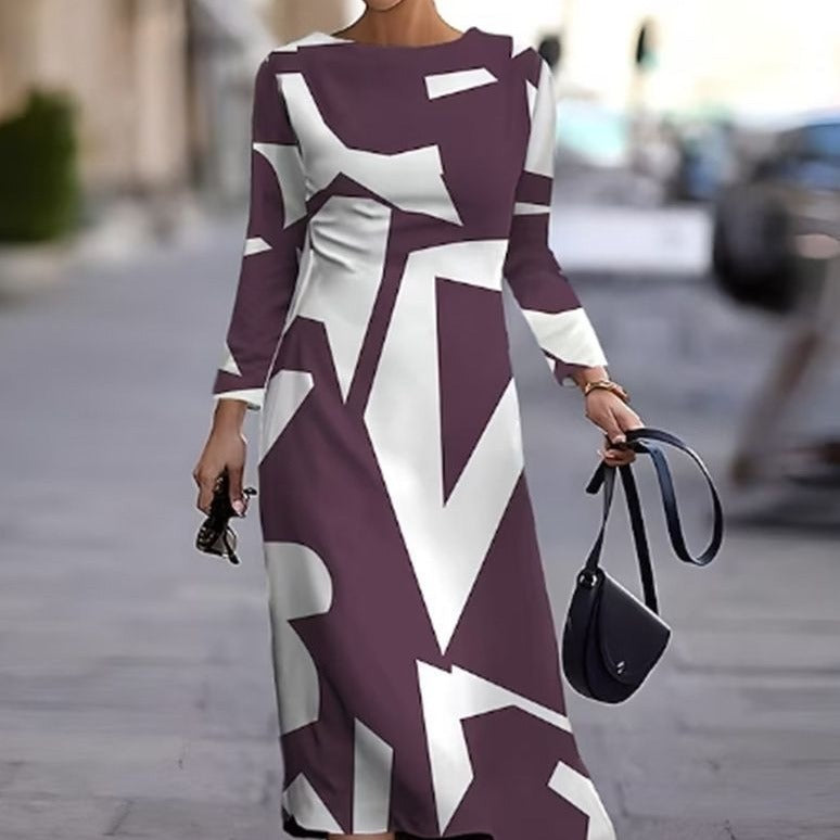 Damen Langarm Maxikleid mit modernem geometrischem Muster und ausgefallenem Design WW