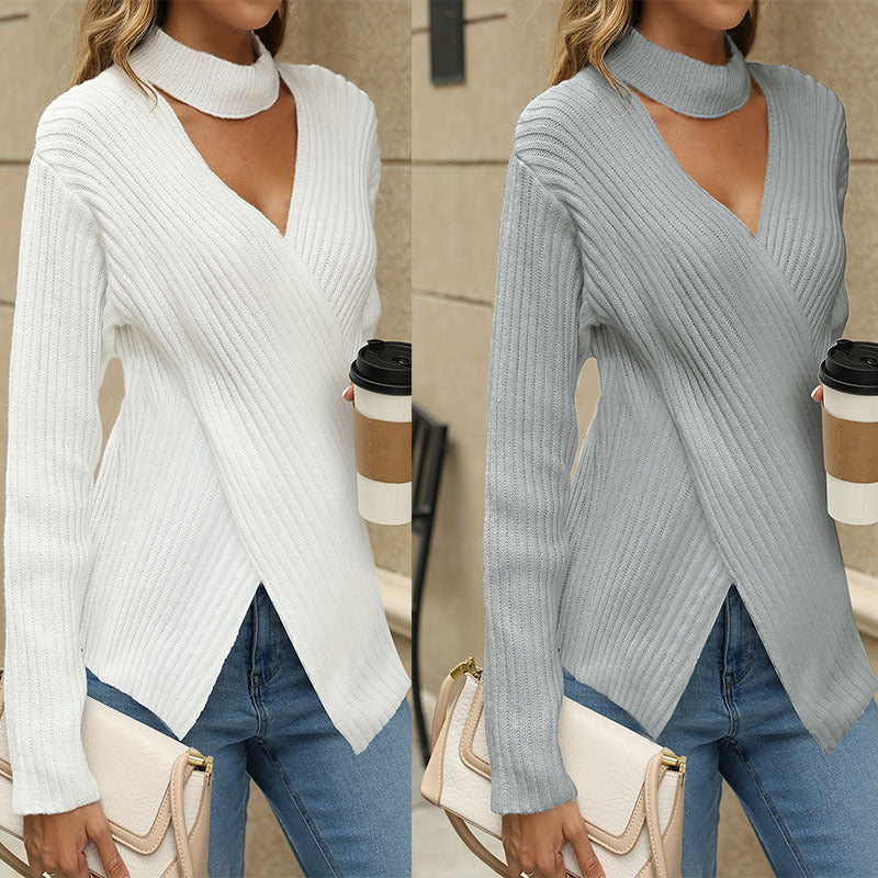 Damen modischer asymmetrischer Strickpullover mit hochgeschlossenem Kragen und Rippstruktur WW