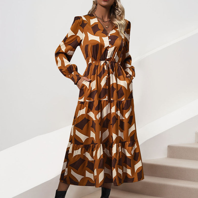 Damen Maxikleid mit dekorativem Bindegürtel und voluminösen Ärmeln WW