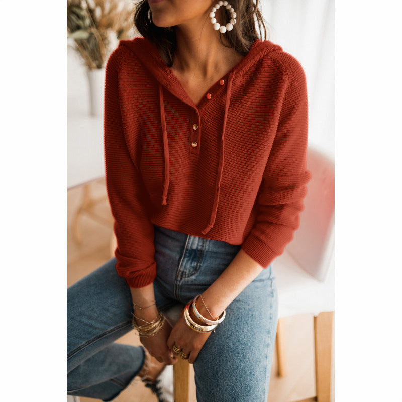 Damen lässiger Kapuzenpullover mit Knopfleiste und hohem Kragen WW