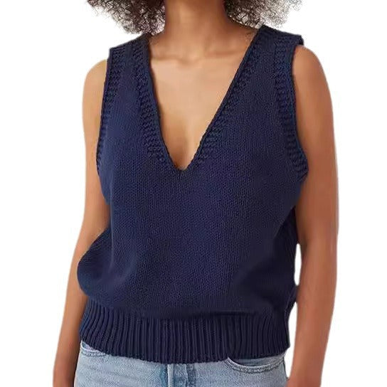 Damen Stricktop mit tiefem V-Ausschnitt und strukturiertem Abschluss WW