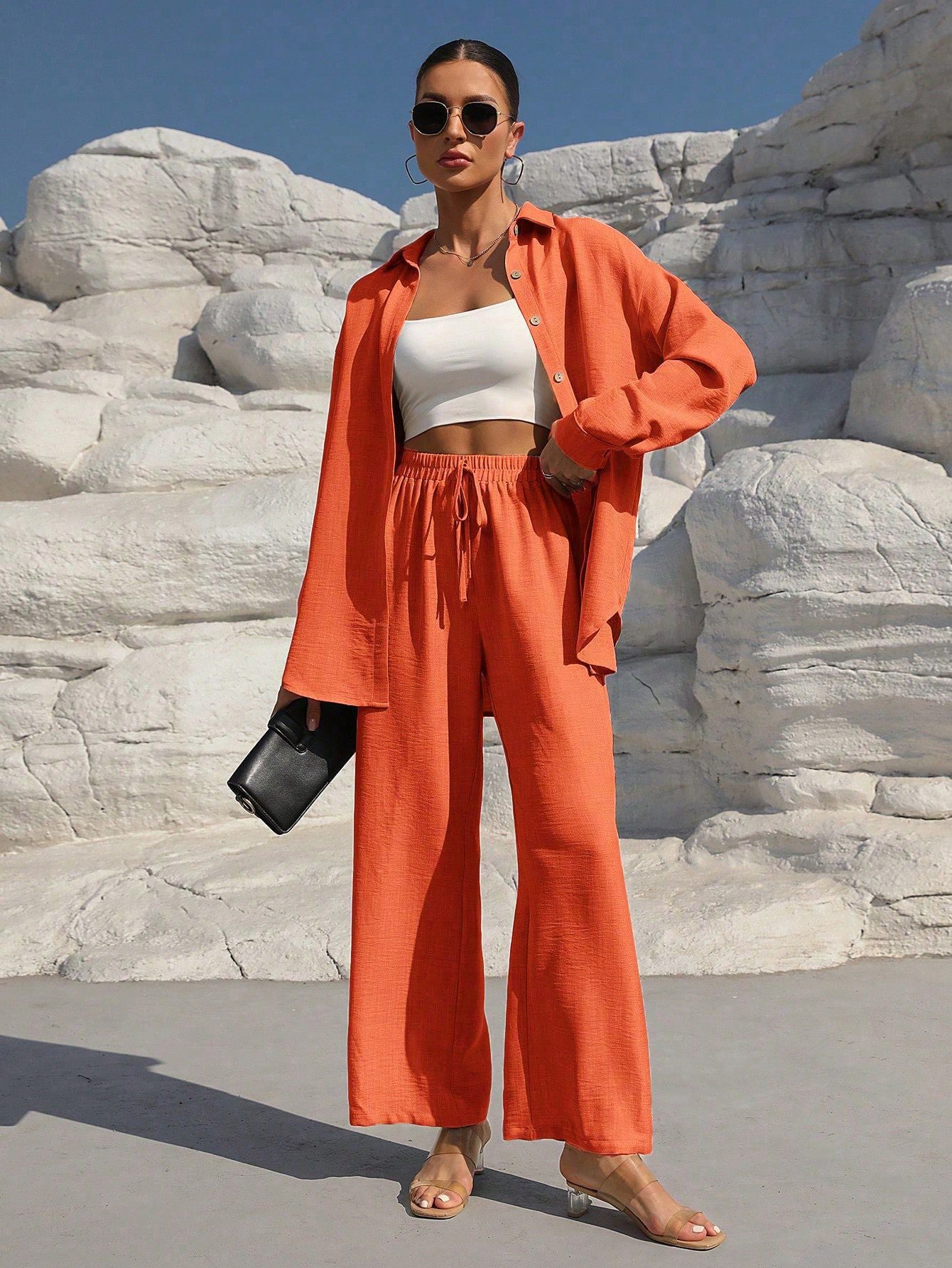 Damen elegantes Lounge-Set aus leichtem Stoff mit weitem Schnitt WW