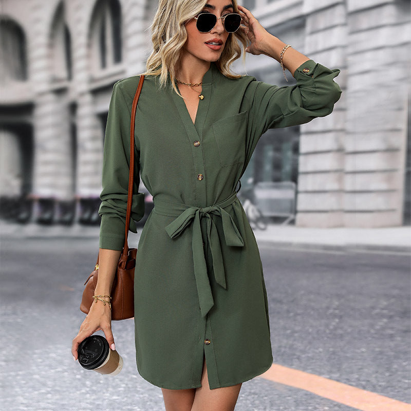 Damen Hemdblusenkleid mit Bindegürtel und Knopfleiste WW