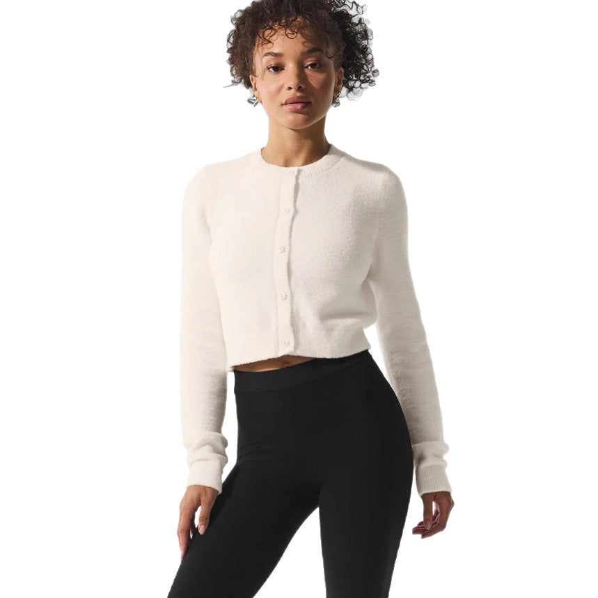 Damen kuscheliger cropped Cardigan mit Knopfleiste und langen Ärmeln WW