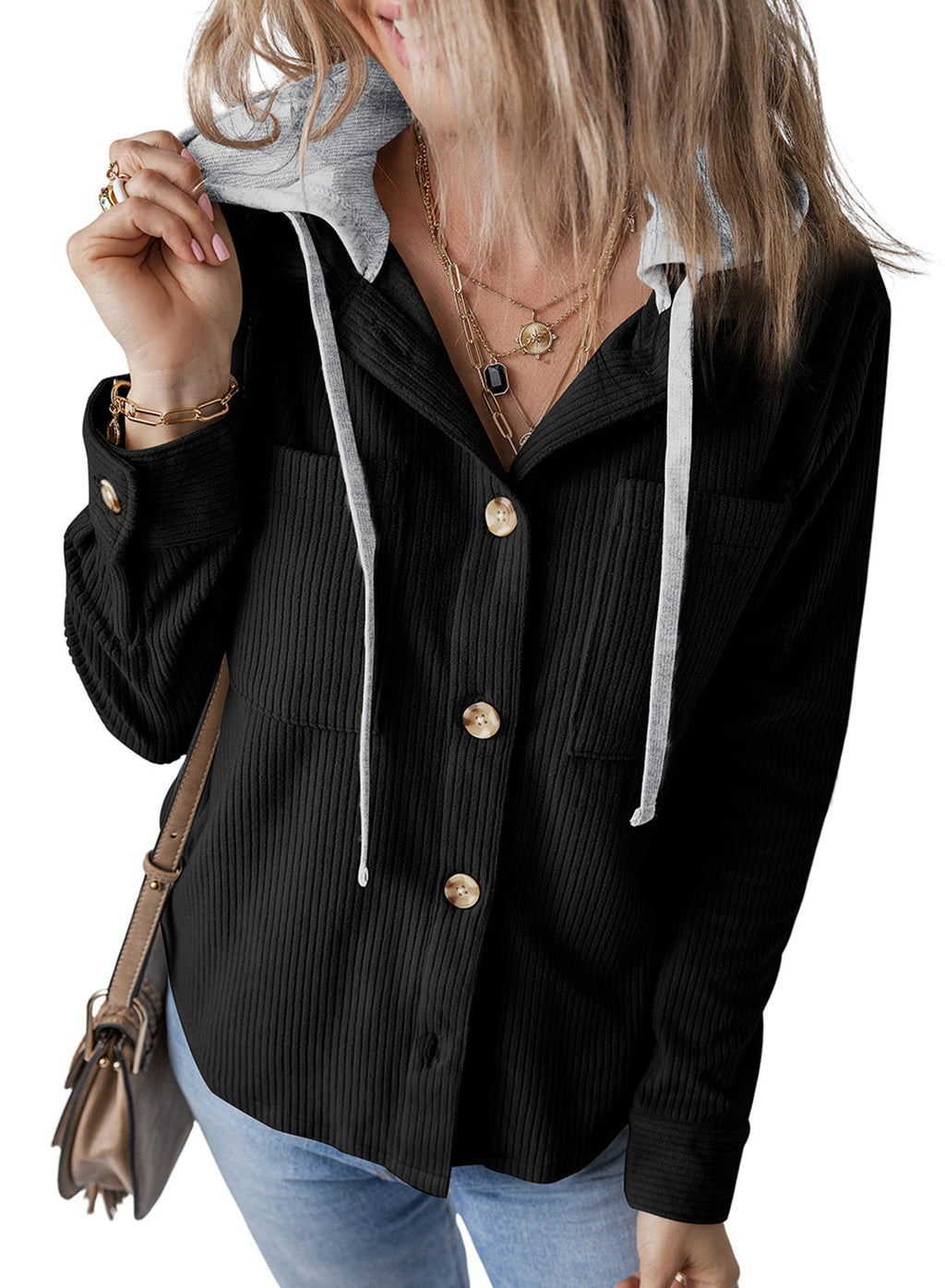 Damen lässige Oversized-Hemdjacke mit Kapuze und strukturiertem Stoff WW