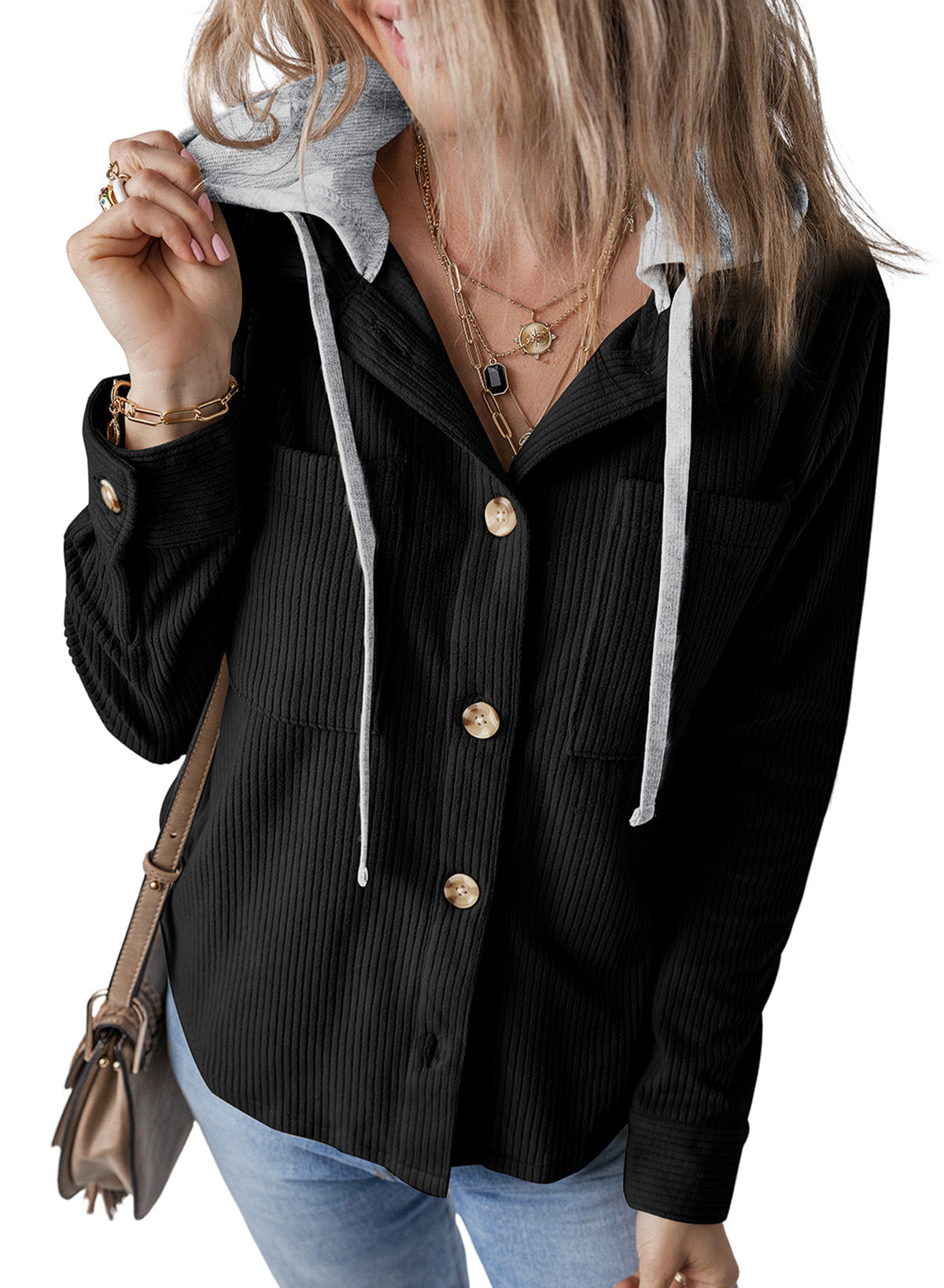 Damen lässige Oversized-Hemdjacke mit Kapuze und strukturiertem Stoff WW
