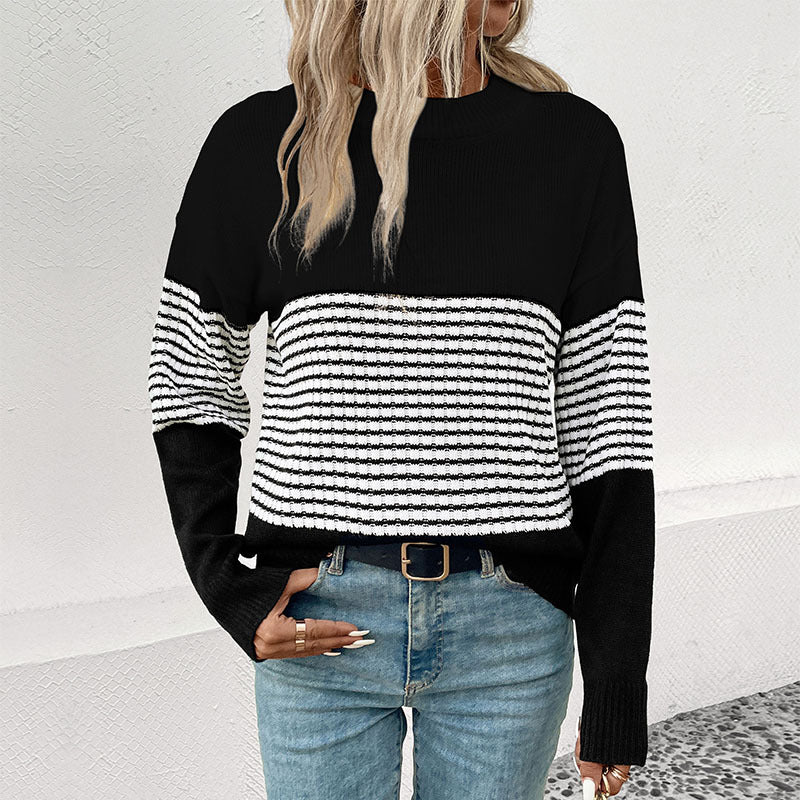 Damen trendiger Strickpullover mit auffälligem Streifenmuster WW